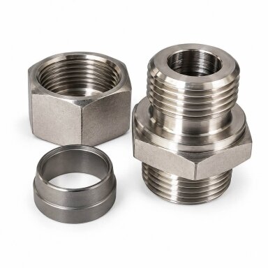 Nerūdijančio plieno vamzdžio jungtis 15 mm su 1/2″ išoriniu sriegiu